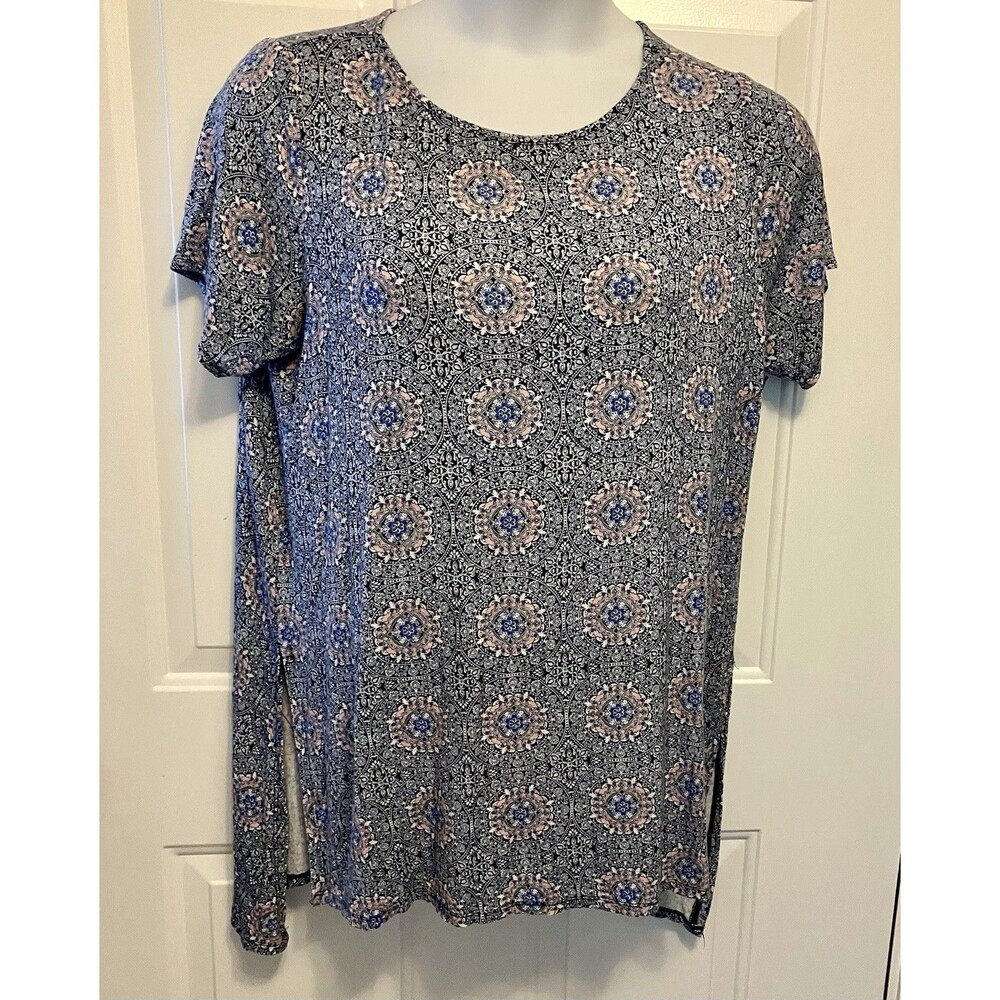 Philosophy Republic Short Sleeve Shirt Stretchy 1X XL Paisley Blue Print Women’s